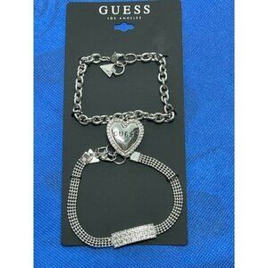 Guess Set of 2 Silver-Tone Heart Crystal Accent Charm Bracelets